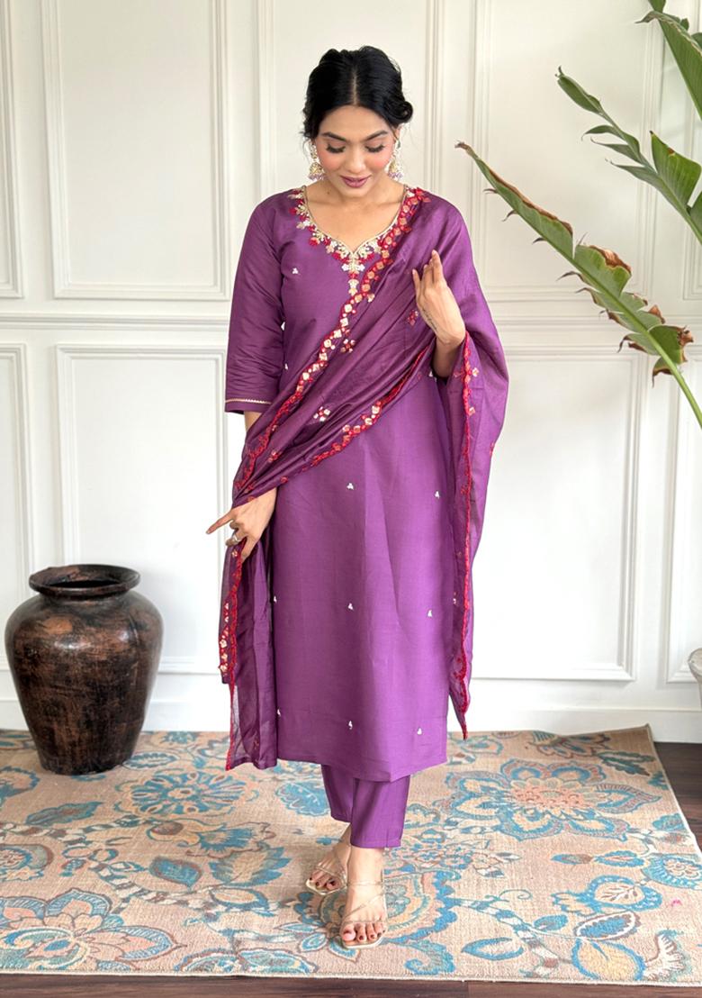Purple Embroidered Chanderi Viscose Kurta Set