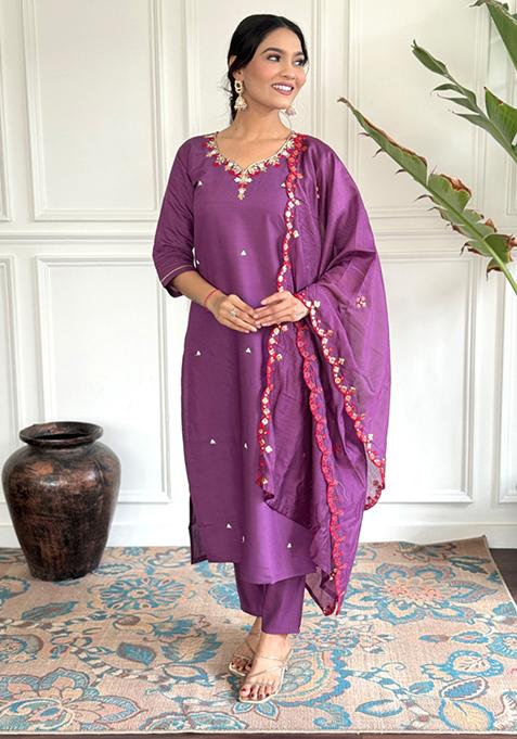 Purple Embroidered Chanderi Viscose Kurta Set