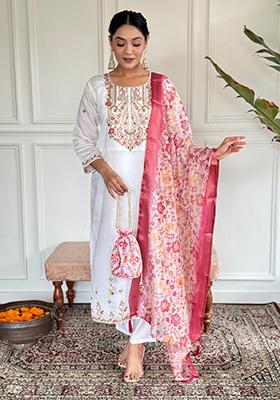 Purple Embroidered Chanderi Viscose Kurta Set