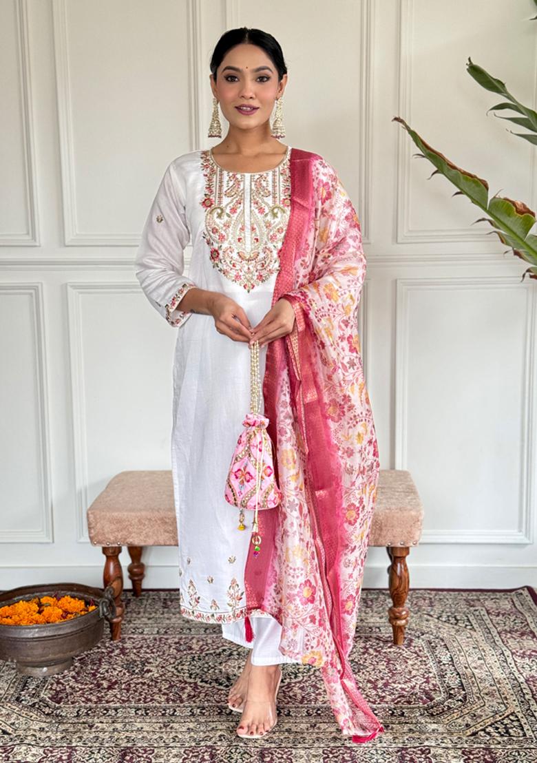 Purple Embroidered Chanderi Viscose Kurta Set