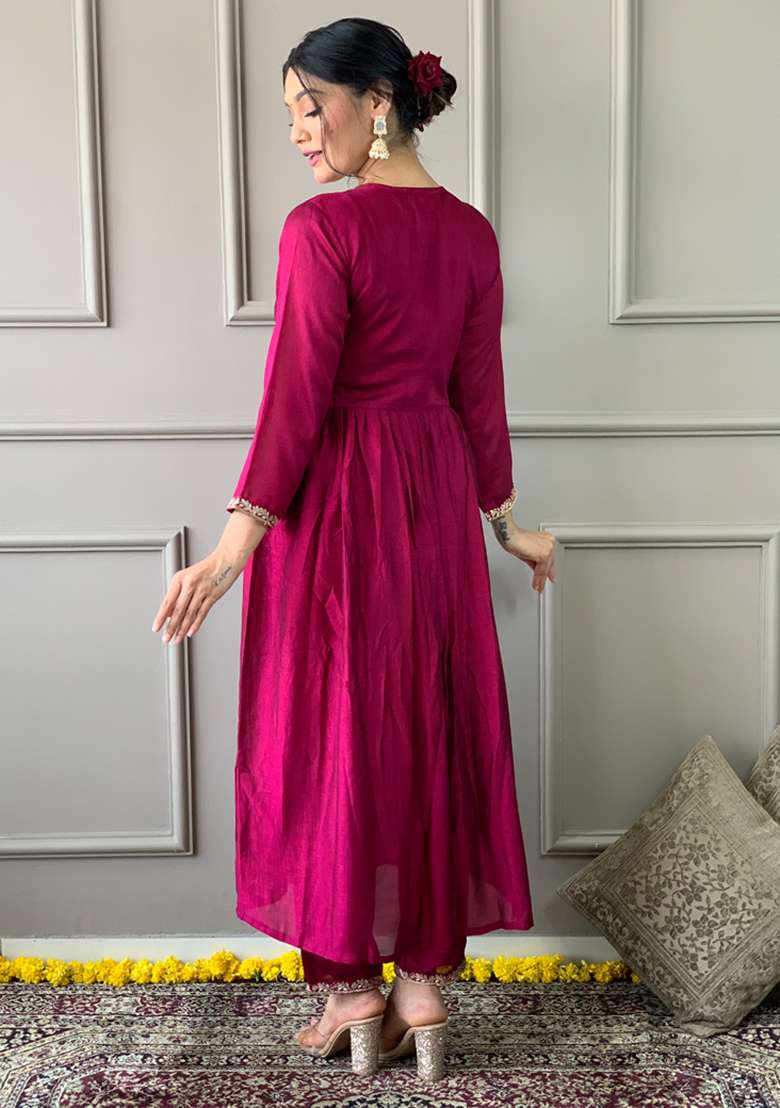 Red Embroidered Silk Blend Anarkali Set - Indya
