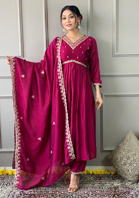 Red Embroidered Vichitra Silk Kurta Set