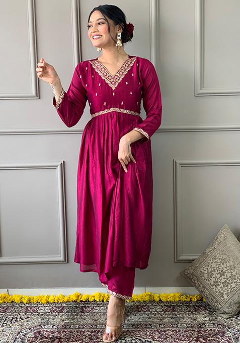 Women Rust Vichitra Silk  Embroidery Work Kurta Set With Dupatta