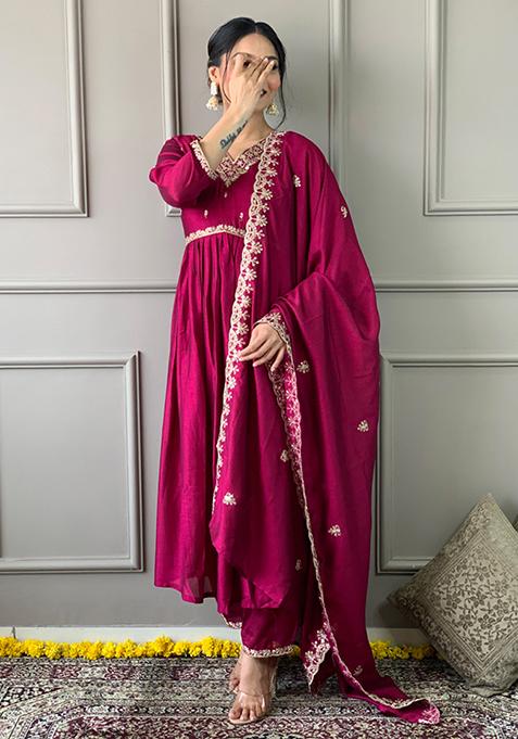 Women Wine Vichitra Silk Embroidered KurtI With Pant And Duppata Set