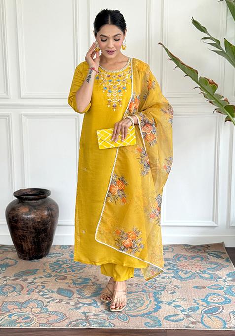 Yellow Embroidered Chanderi Viscose Kurta Set