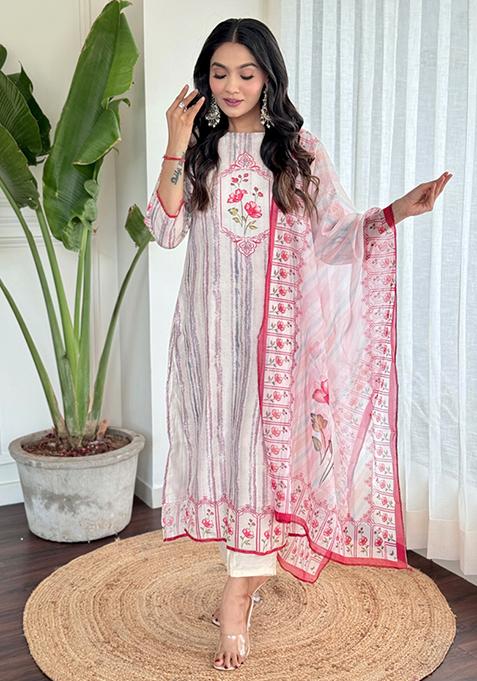 Red Floral Print Kora Muslin Kurta Set