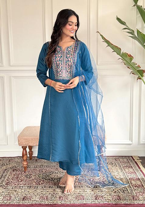 Blue Embroidered Chanderi Viscose Kurta Set