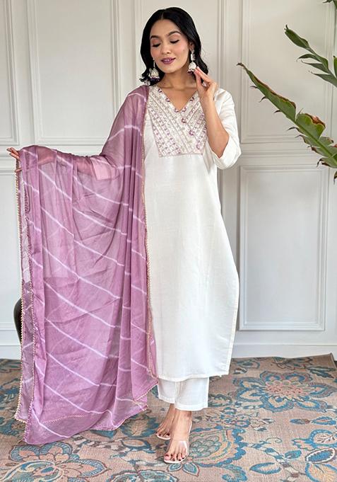 White Embroidered Chanderi Viscose Kurta Set