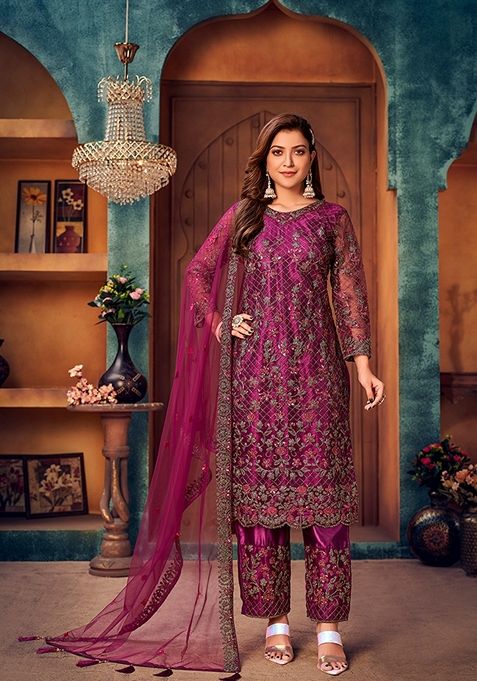 Purple Embroidered Net Kurta Set