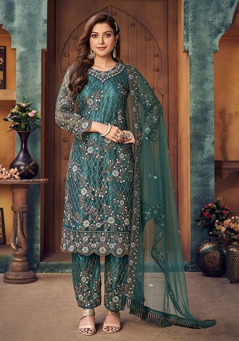 Teal Embroidered Net Kurta Set