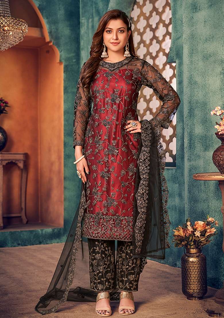 Red Embroidered Net Straight Kurta Set - Indya