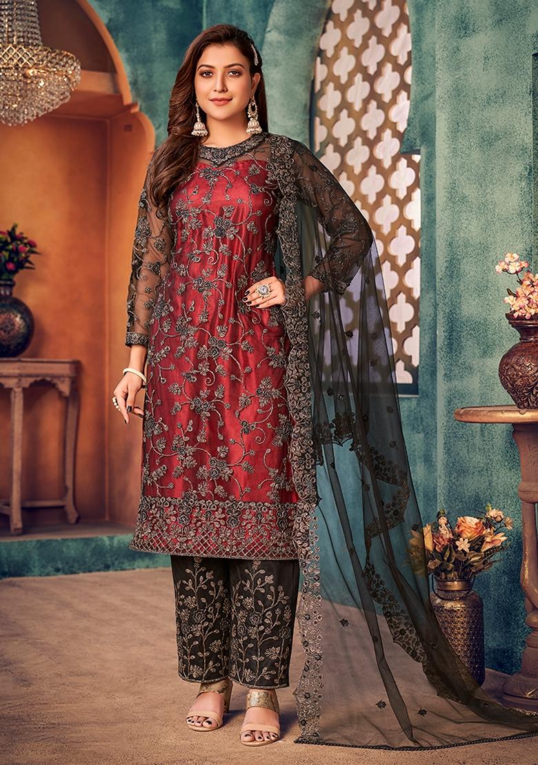 Red Embroidered Net Kurta Set
