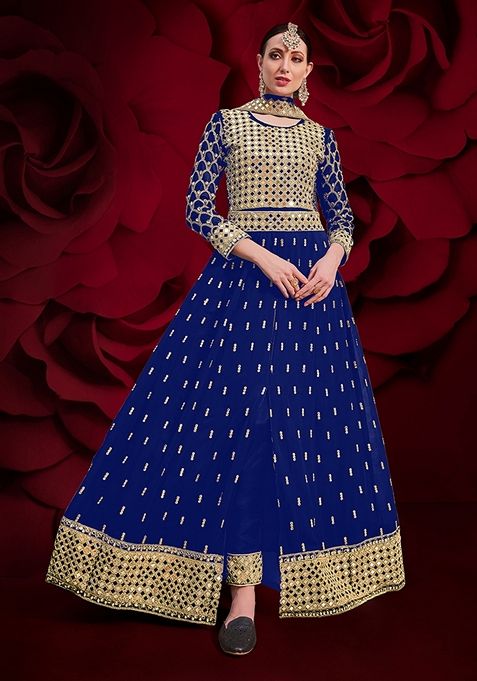 Blue Embroidered Georgette Kurta Set