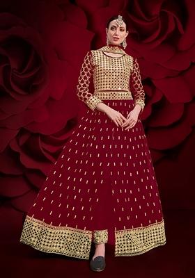 Red Embroidered Georgette Kurta Set