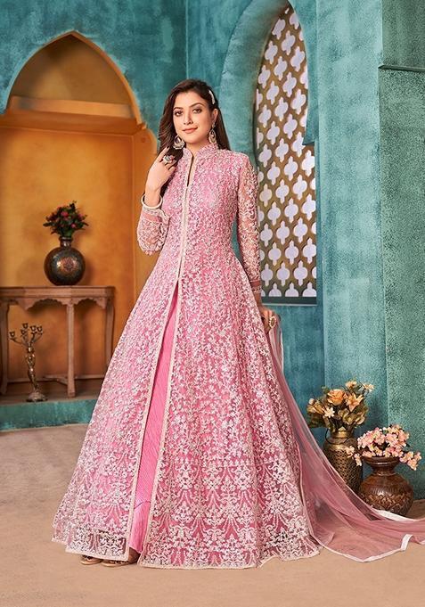 Pink Embroidered Net Kurta Set