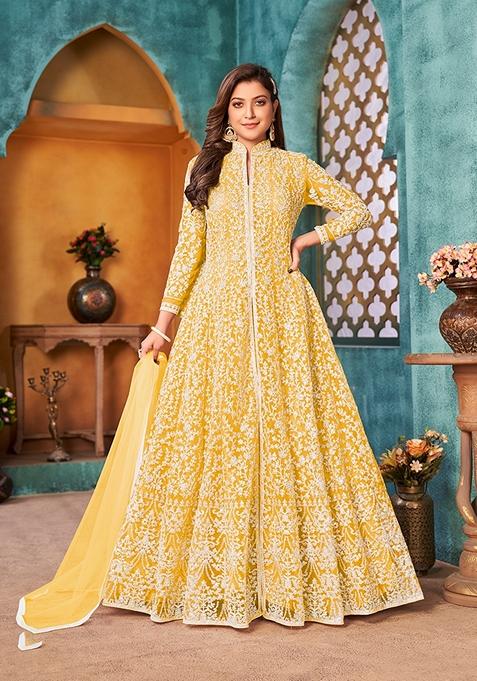 Yellow Embroidered Net Kurta Set