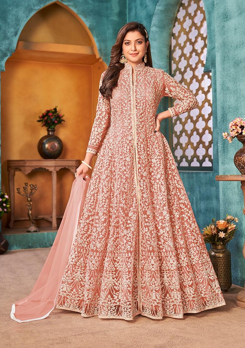 Peach Embroidered Net Kurta Set