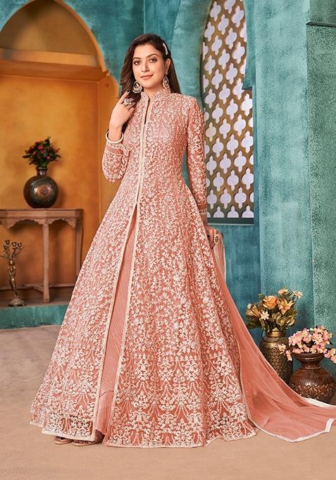 Peach Embroidered Net Kurta Set