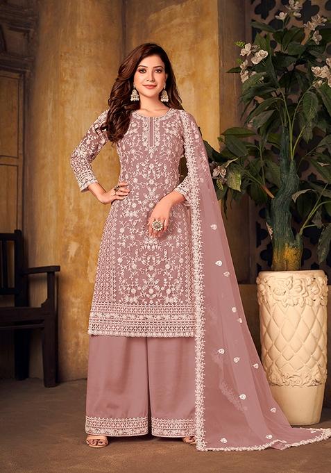 Mauve Embroidered Net Kurta Set