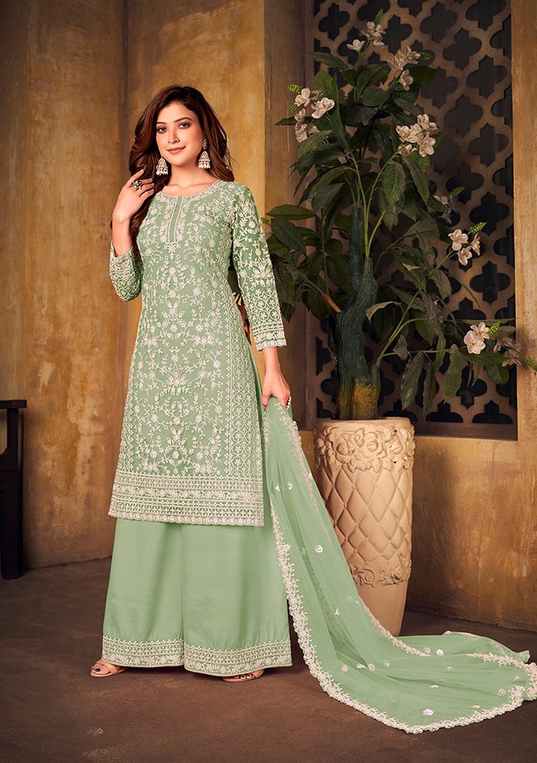 Sea Green Embroidered Net Kurta Set