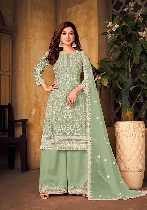 Sea Green Embroidered Net Kurta Set