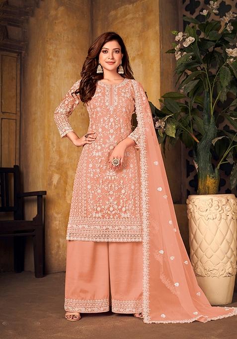 Peach Embroidered Net Kurta Set