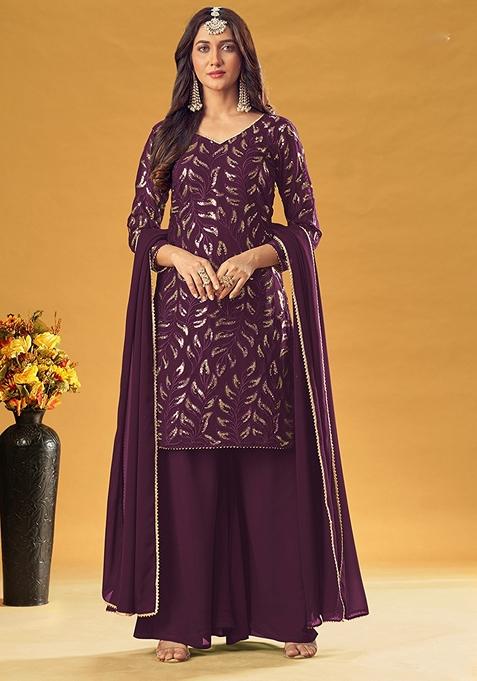 Purple Embroidered Georgette Kurta Set