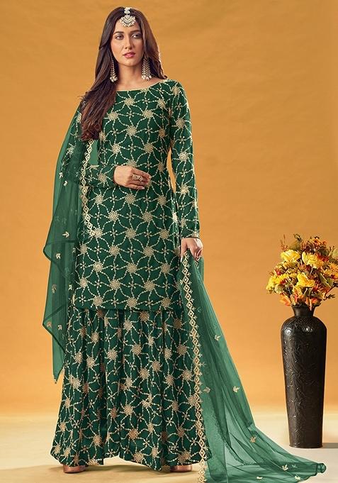 Green Embroidered Faux Georgette Kurta Set