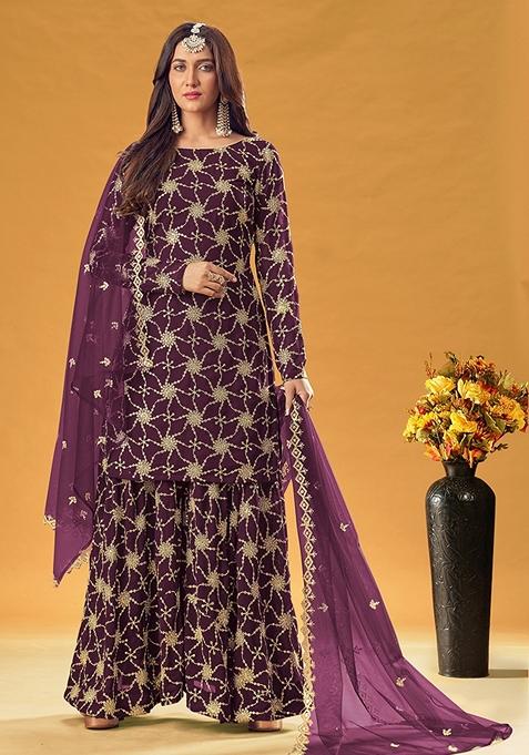 Purple Embroidered Faux Georgette Kurta Set