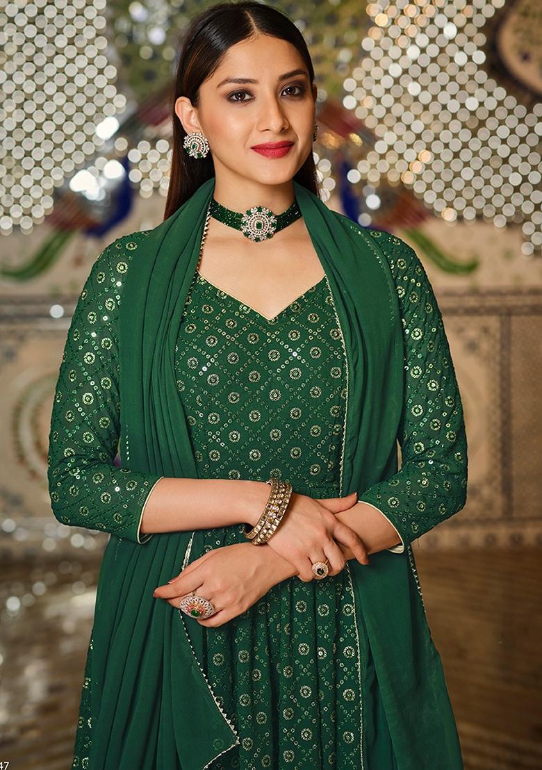 Dark Green Embroidered Georgette Kurta Set