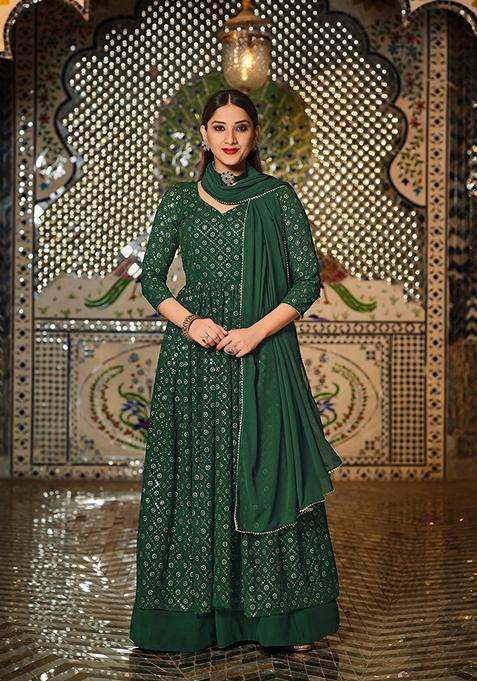 Dark Green Embroidered Georgette Kurta Set