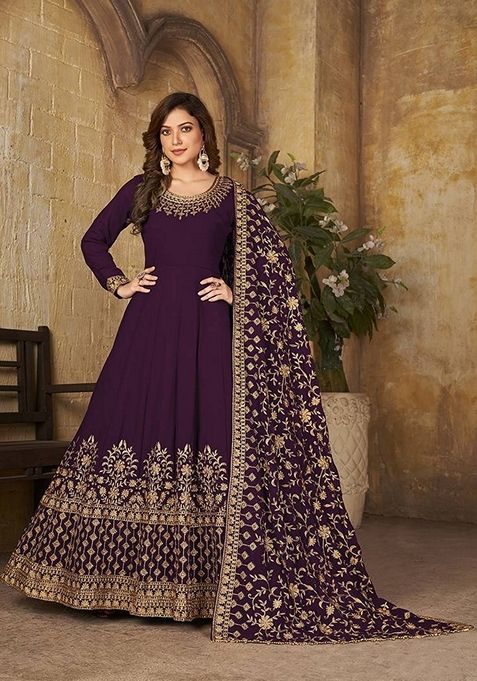 Purple Embroidered Georgette Kurta Set