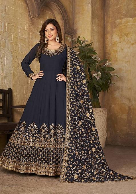 Navy Blue Embroidered Georgette Kurta Set