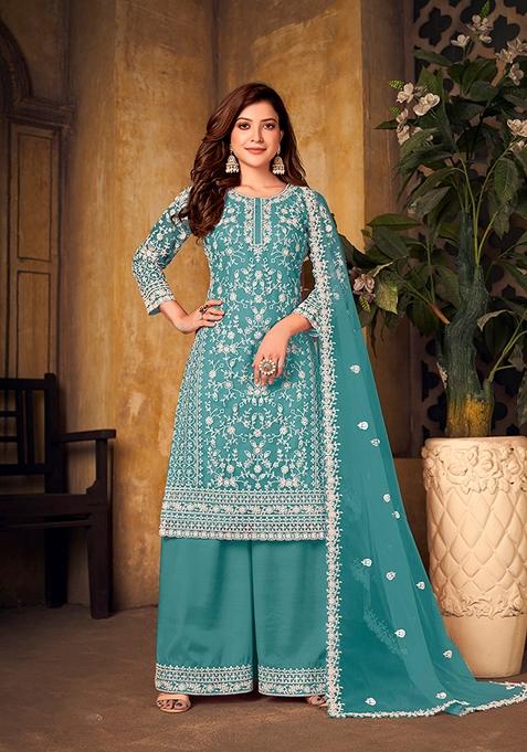 Sky Blue Embroidered Net Kurta Set