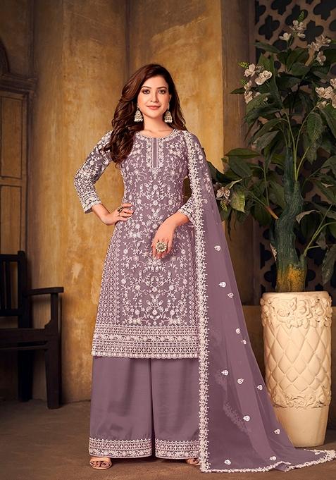 Lavender Embroidered Net Kurta Set