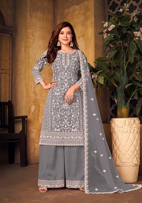 Grey Embroidered Net Kurta Set