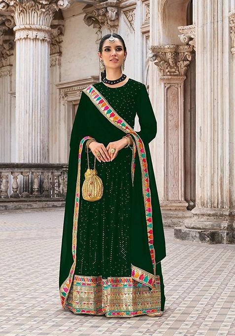 Dark Green Embroidered Georgette Kurta Set