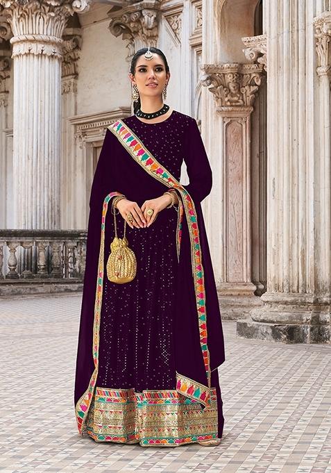 Dark Purple Embroidered Georgette Kurta Set