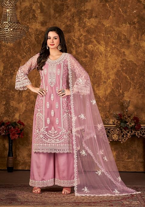 Light Pink Embroidered Net Kurta Set