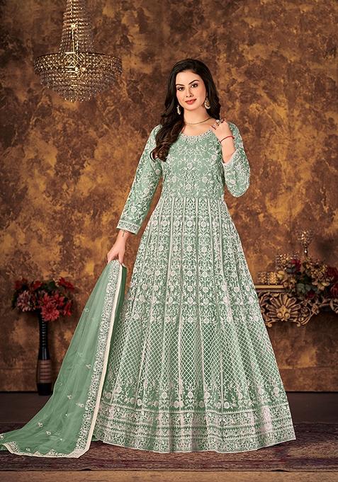 Sea Green Embroidered Net Kurta Set