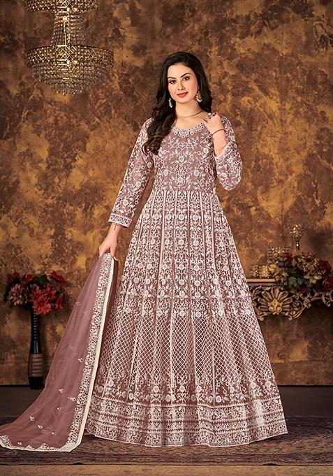 Mauve Embroidered Net Kurta Set