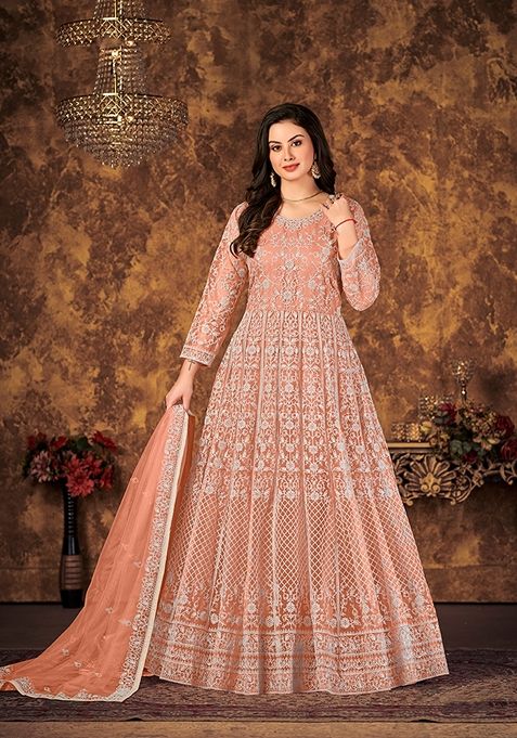 Peach Embroidered Net Kurta Set