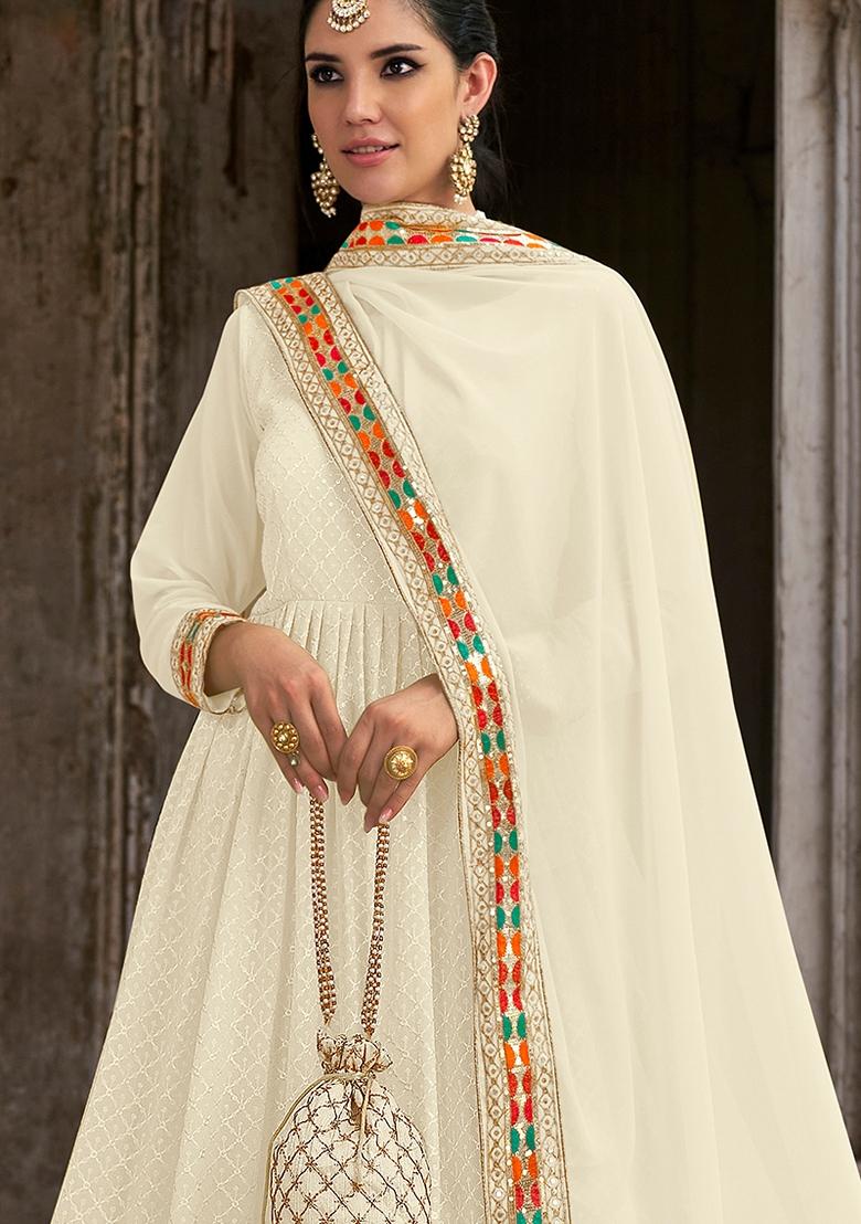 Off White Embroidered Georgette Kurta Set
