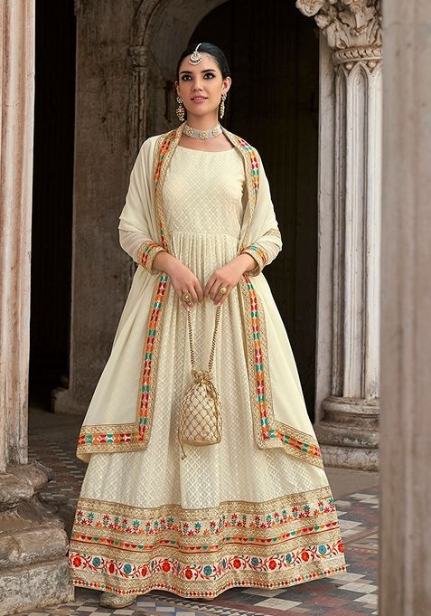 Off White Embroidered Georgette Kurta Set