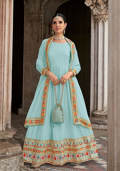 Sky Blue Embroidered Georgette Kurta Set