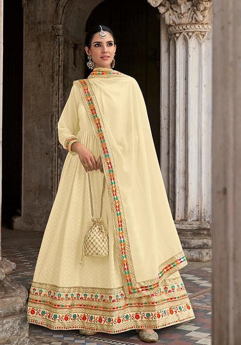 Cream Embroidered Georgette Kurta Set