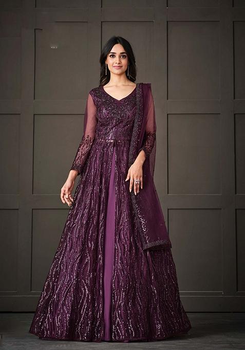 Purple Embroidered Net Kurta Set