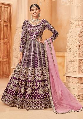 Purple Embroidered Art Silk Kurta Set