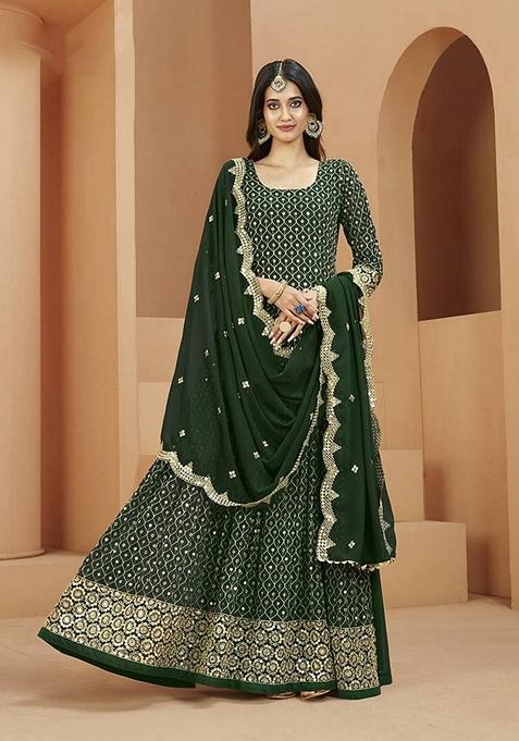 Dark Green Embroidered Georgette Kurta Set