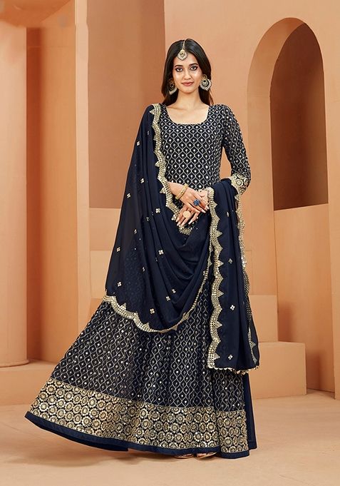 Navy Blue Embroidered Georgette Kurta Set